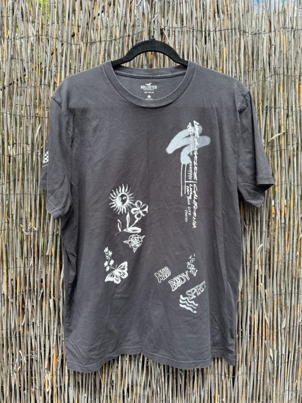 Hollister Black Short-Sleeve Graphic Tee with White Floral & Script Prints